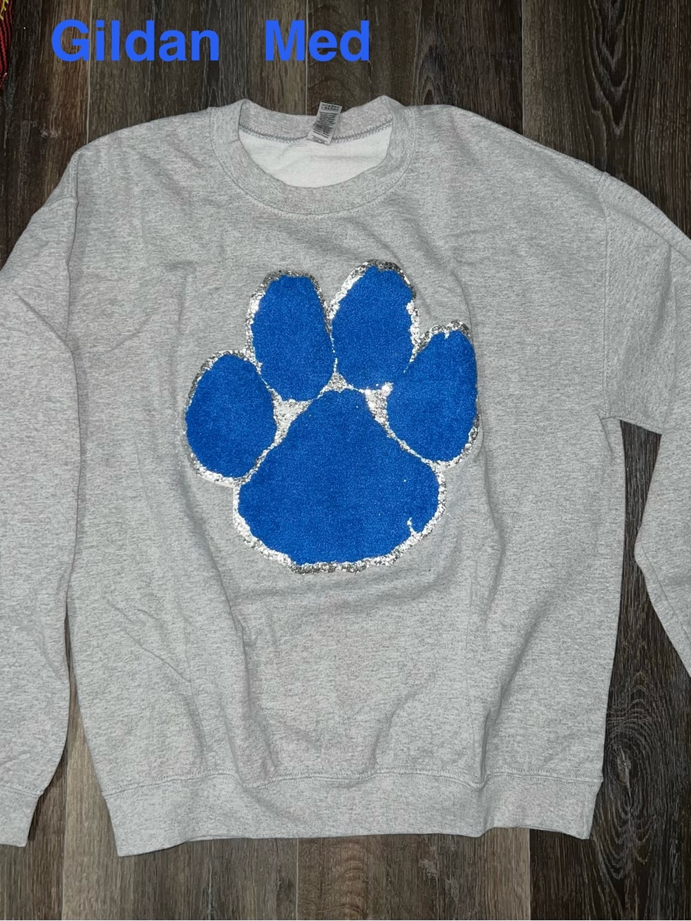 Gildan Gray Crewneck with Blue Paw Applique